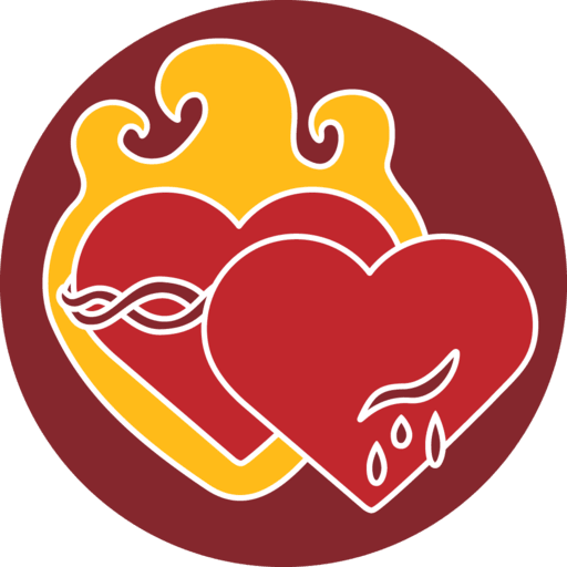 Two hearts intertwined with fire, thorns, and a dripping wound.